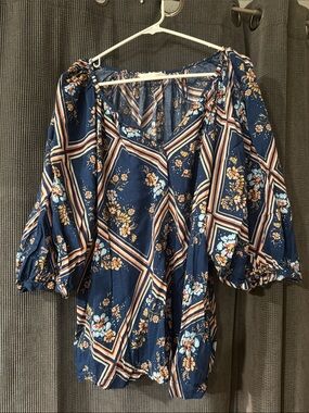 LC Lauren Conrad Navy Floral Geometric Off-Shoulder Blouse